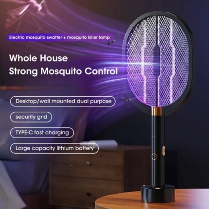 Powerful Tennis Racket Mosquito Killer - 3000V Rechargeable Bug Zapper with 3-Way Use (Handheld/Stand/Wall Mount)