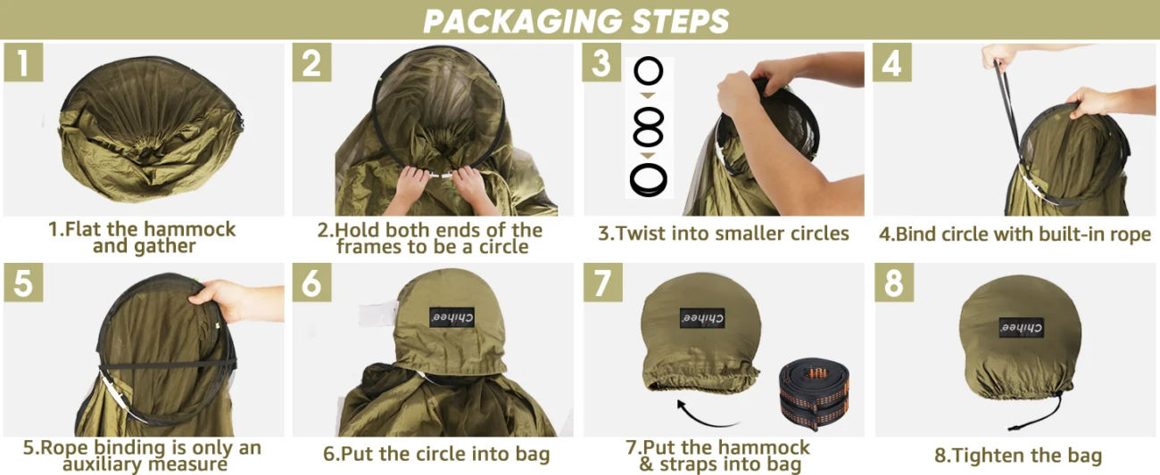 Hamaca portátil con mosquitera empaquetada en saco compacto para senderismo