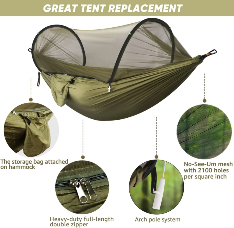 Instalação da hammock mosquito net tent em acampamento para proteção noturna