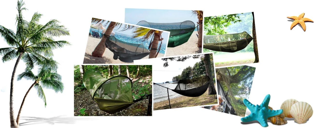 Instalación de la hamaca mosquitera en un camping para protección nocturna