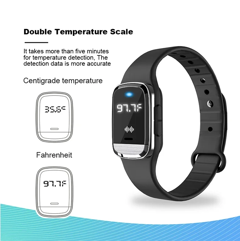 Detalhe da exibição de hora e temperatura na pulseira similar a uma máquina anti - mosquito