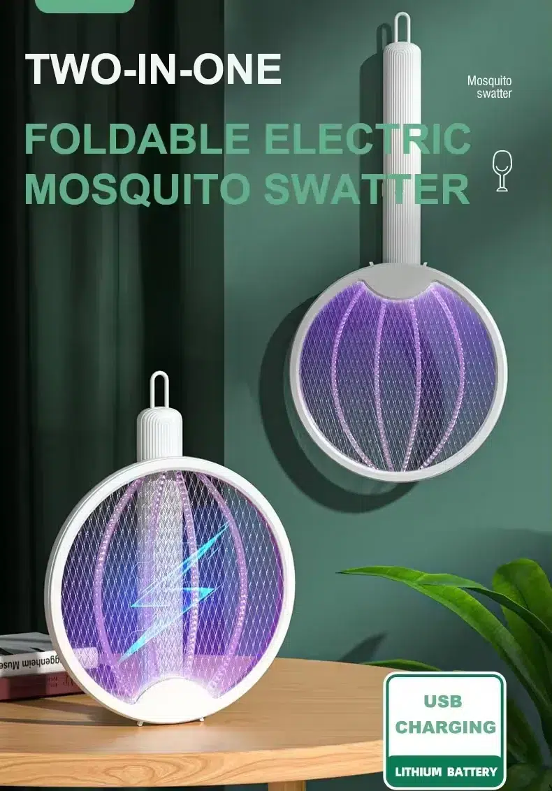 Raquete eletrica mosquitoraquete dobrada em modo compacto