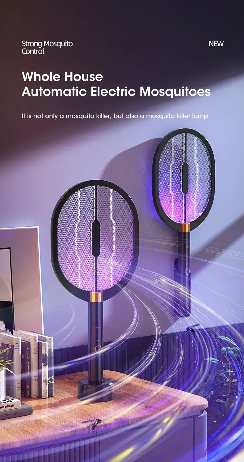 Emisión de luz púrpura atrayendo mosquitos a la raqueta mata-moscas