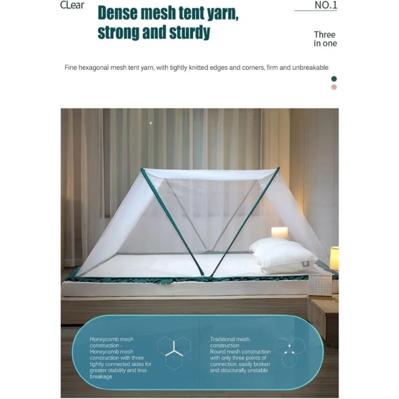 Adulto usando la mosquitera plegable en cama matrimonial en casa