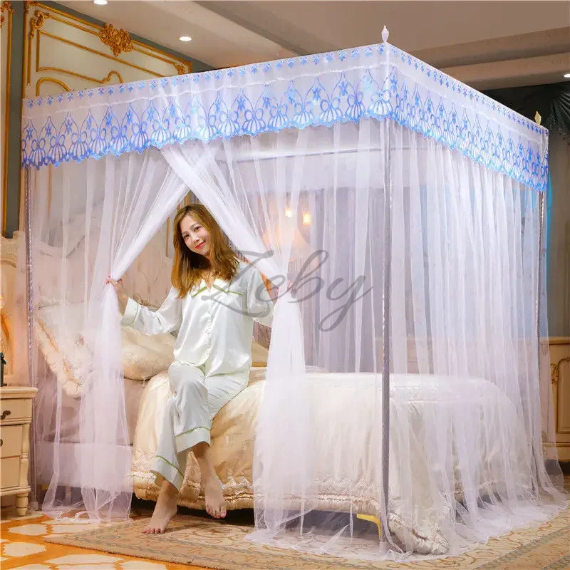 Guest room featuring a white mosquito net with stainless steel bracket