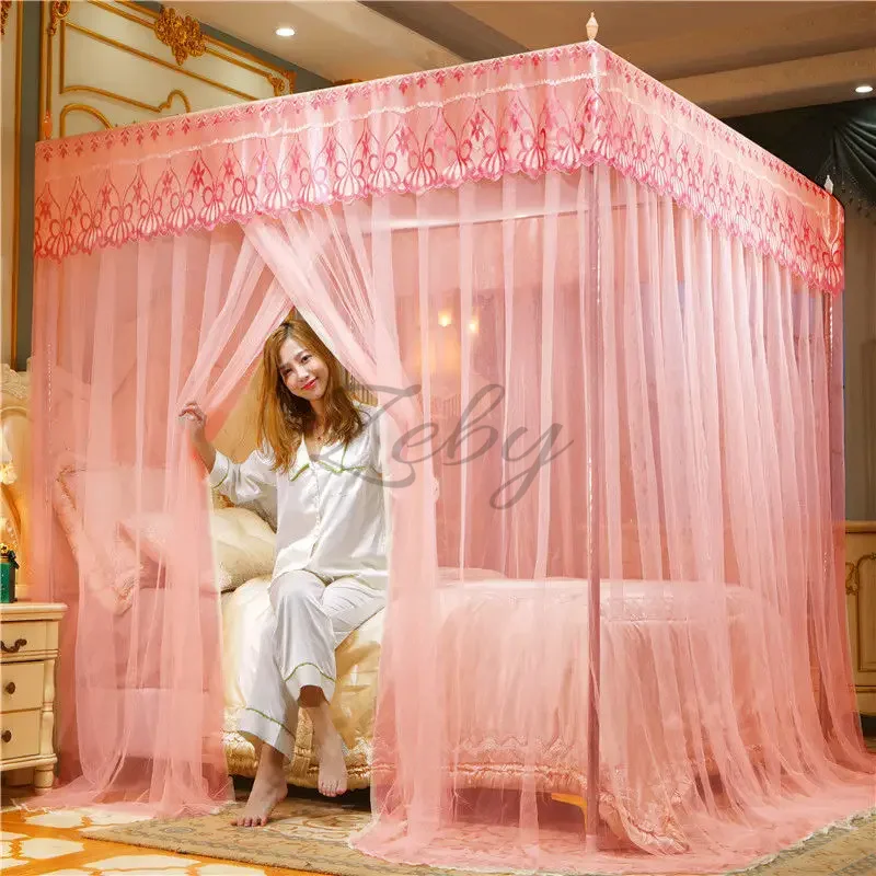 Queen-sized mosquito net in bed with floor-length pleated edges