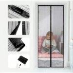 Black mosquito netting for porch installed on a front door with magnetic strips