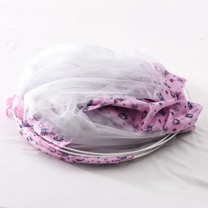 Folded portable mosquito netting stored in a travel bag for camping