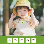 Mother sticking a patch on her child’s stroller for outdoor protection