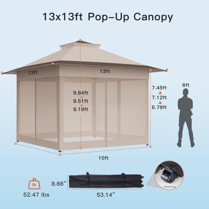 Wheeled carry bag for the compact 13x13ft gazebo with mosquito netting
