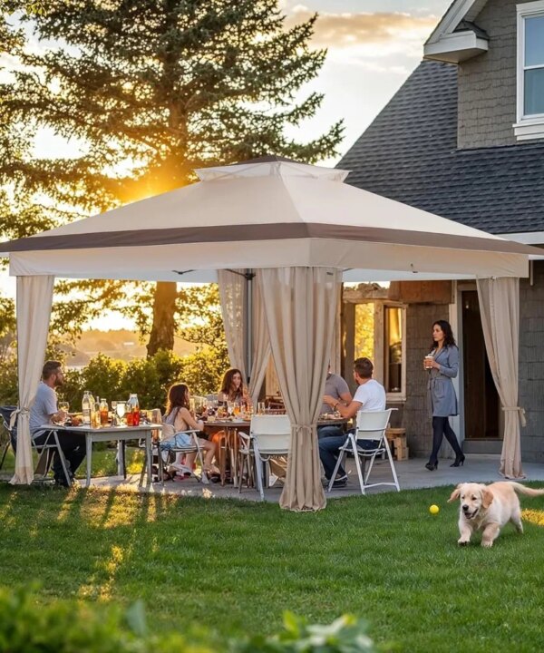 Familia usando mosquiteiro dossel em churrasco no quintal