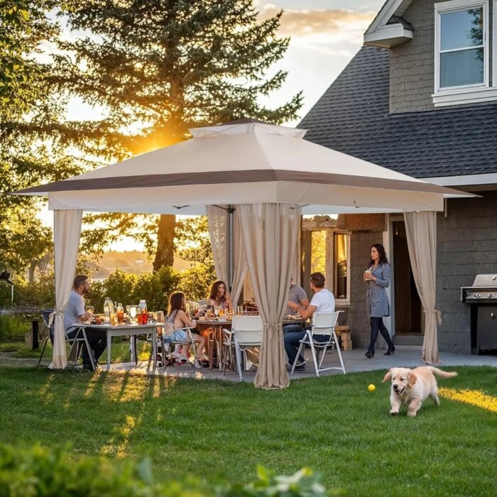 Family using gazebo with mosquito netting at a backyard BBQ party